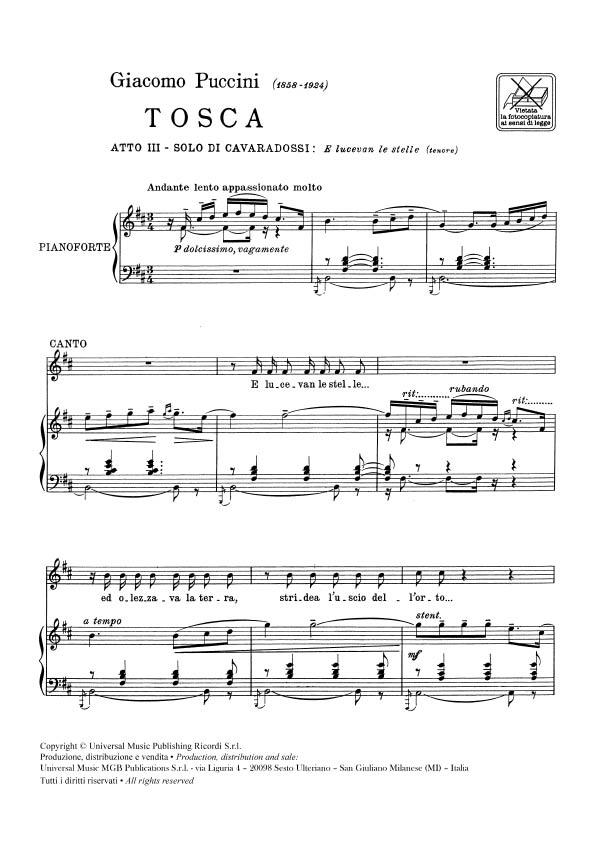 Tosca: E Lucevan Le Stelle - pro zpěv a klavír
